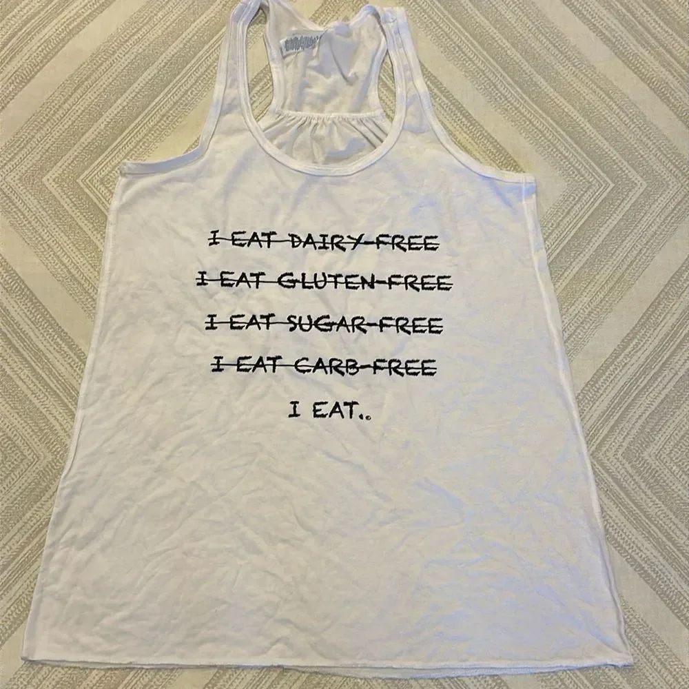 Bella Canvas White Racerback ’I Eat’ writing Tank Top